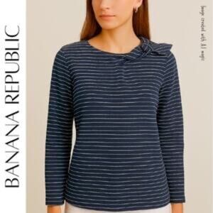 Banana Republic Navy Blue & White Striped Thick Long Sleeve Blouse, Small